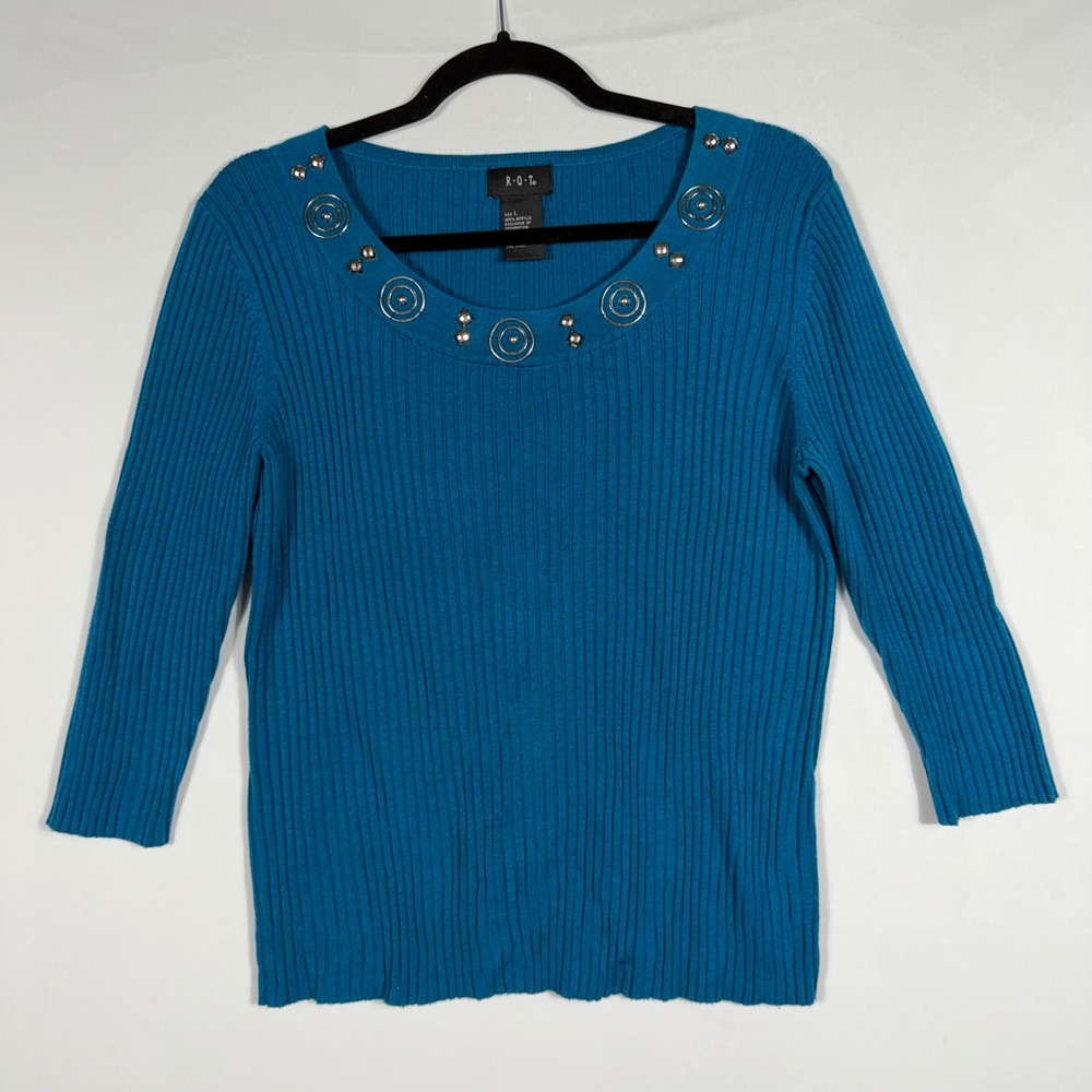 Vtg 90s Y2K RQT Beaded Ribbed Knit Top Lg Teal Blue Silver Accent 3/4 Sleeve EUC